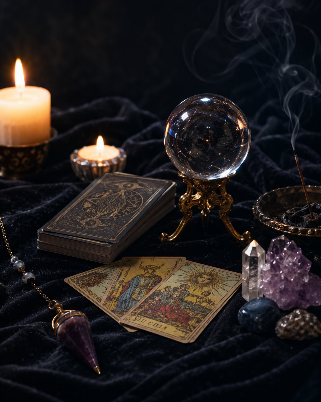 Altar místico con luz cálida y objetos espirituales